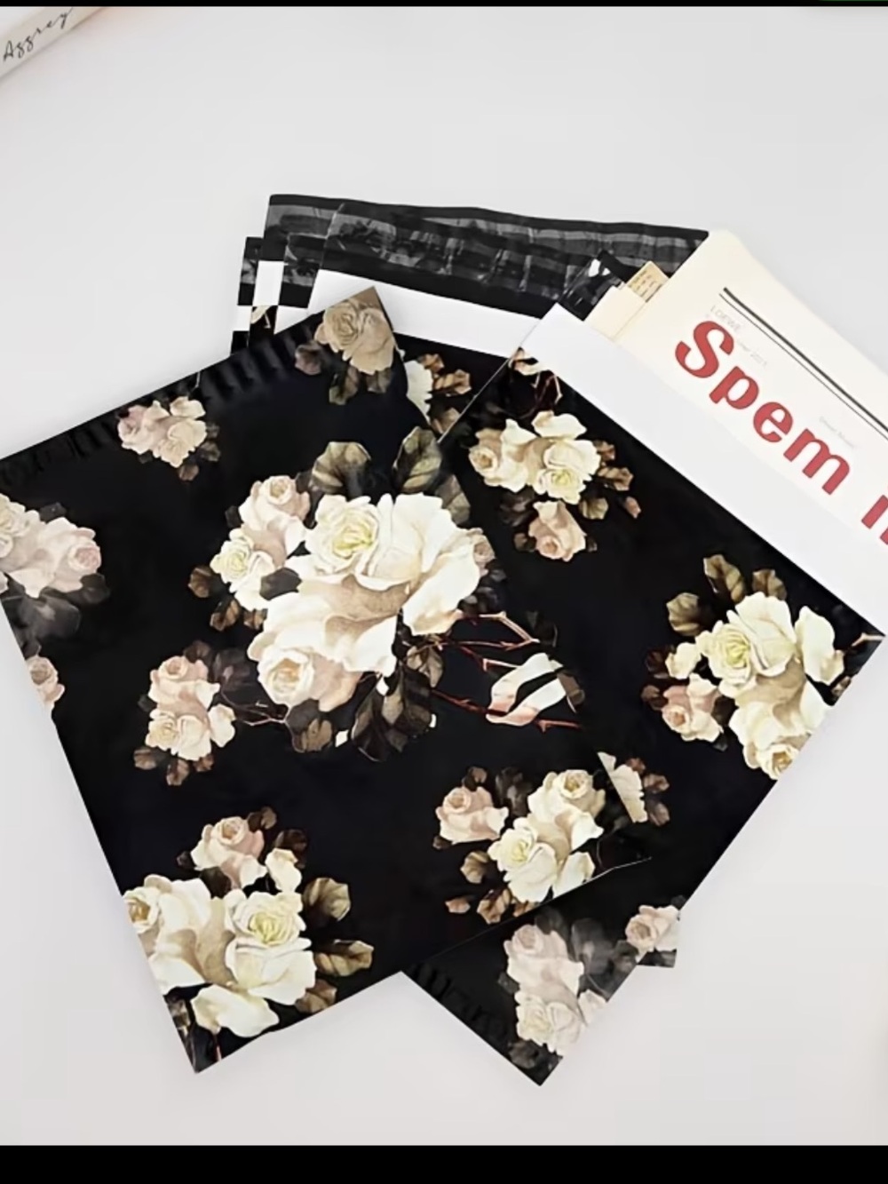Black Floral Poly Mailers - Elegant Rose Print Shipping Bags (9)